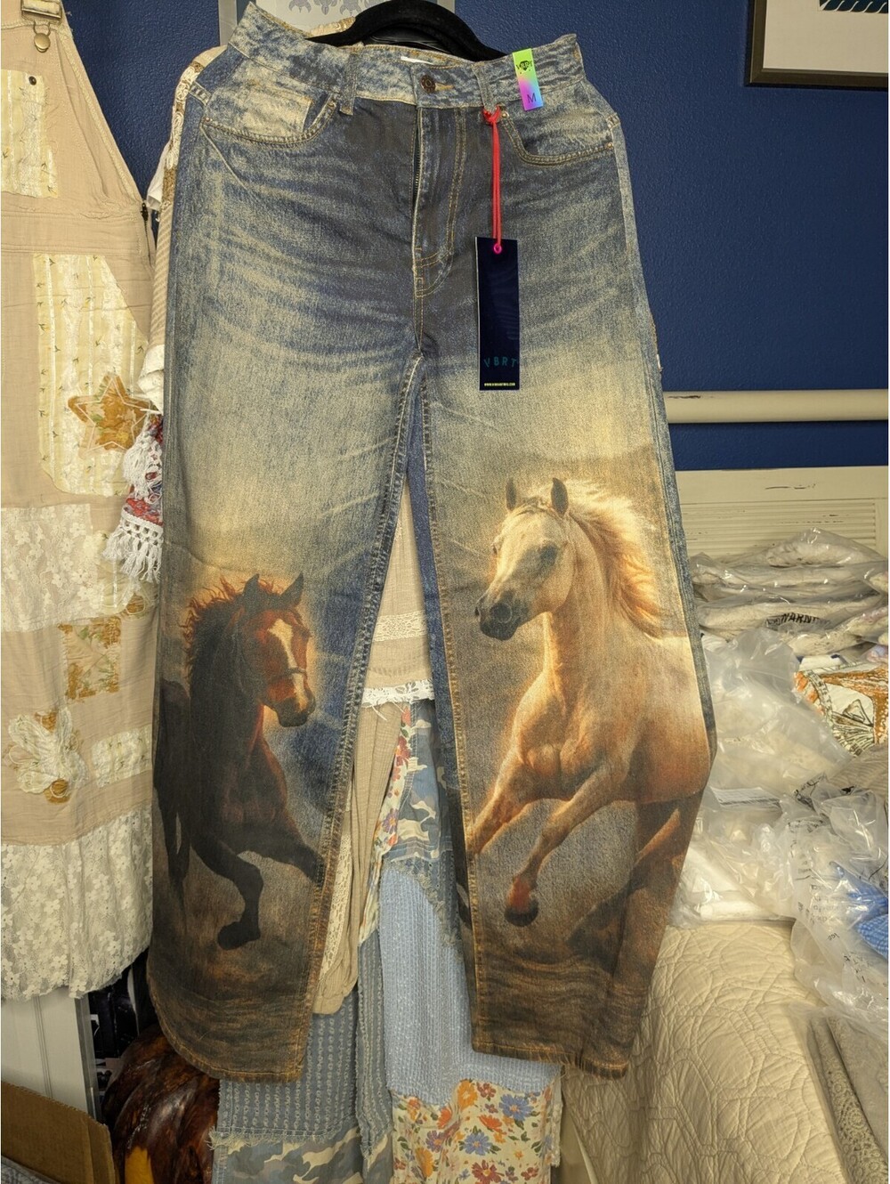 VBRT Women's Wide Leg Blonde Horse Print Denim Jeans Blue Western Cowboy Western